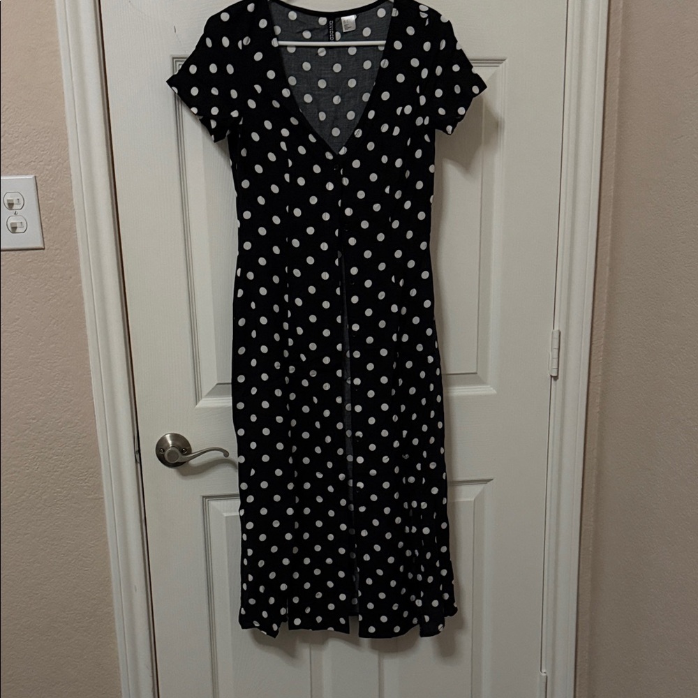 Divided Black Midi Dress with White Polka Dots